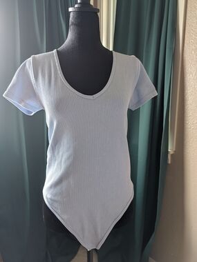 Ribbed V-Neck Light Blue Women’s Bodysuit